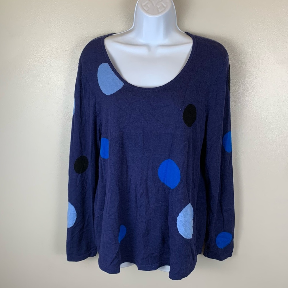 Chico’s Polka Dot Sweater Womens 2 L Navy Large Dots Pullover Long Sleeves Scoop